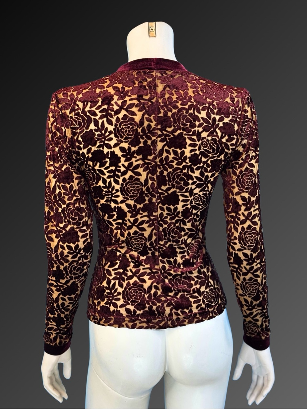 90s Burgundy Velvet Burnout Romantic Gothic Floral Devore Cardigan | XS S - Picture 6 of 11